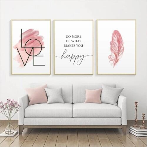 Blush Pink Wall Art Feather Canvas Painting Inspirational Quote Poster and Print Love Sign Picture for Girl Room Decor Home Deco