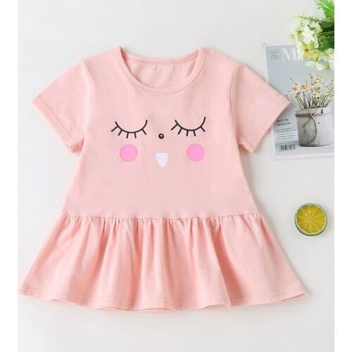 Baby Girl Summer Dress Round Collar Childrens Princess Skirt Tops Cotton Cartoon Pink Cute Sports kids Dress with Short Sleeve