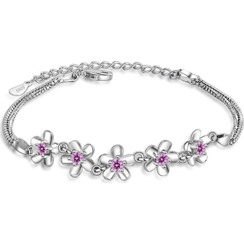 Hot Sale Chain silver Bracelet for Women Flower Design Stering Sliver CZ Purple Crystal Charm Bride Wedding Jewelry