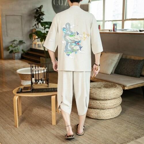 Mens Traditional Chinese Clothing Sets Cotton Linen Dragon Shirt + Chinese Pants Tai Chi Uniform Kung Fu Suit Bruce Lee CN-165