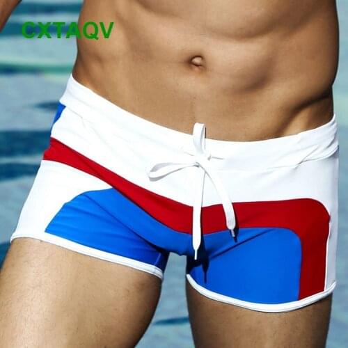 2019 New Mens Sexy Good Looking Halter Swimsuit Mid Waist Boxer Swimming Trunks Bathing Suit Patchwork Swimwear Beach Shorts