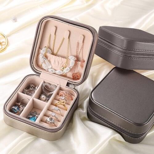 Jewelry Organizer Display Travel Outdoor Portable Small Square Jewelry Boxes Zipper PU Leather Storage Case Earrings Rings Box