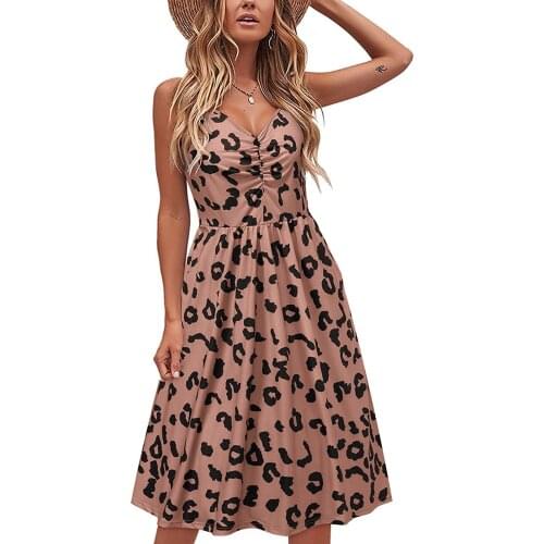 Leopard Print Knee Length Dress Elastic Sleeveless Bodycon Elegant Women Summer Sexy V Neck Party Slim Dresses Женское Платье 3