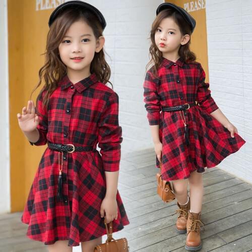 2020elegant girl casual long-sleeved plaid shirt dress with belt fashion blouse shirt dress 4 5 6 7 8 9 10 11 12 13 years