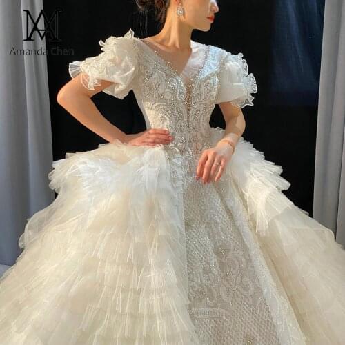 Luxury Short Sleeves Lace Applique Ruffle Crystal Wedding dress