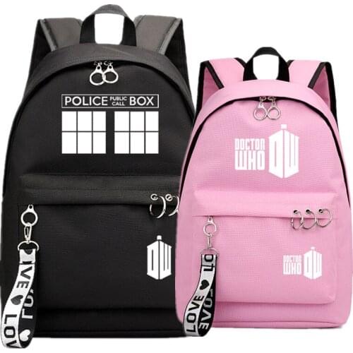 Doctor Who Police Fans Backpack School Book Bags Mochila Travel Bag Laptop Ribbon Ring Circle Boy Girls Backpack Pink Black