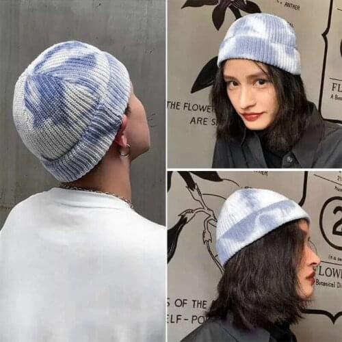Unisex Winter Warm Ribbed Knitted Beanie Cap Gradient Tie-Dye Harajuku Hip Hop Skiing Short Melon Cuffed Skull Hat