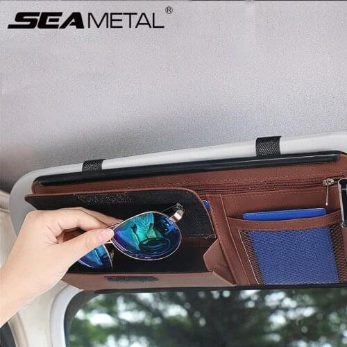 Car Sun Visor Storage Bag Interior Sunshade Ornament PU Leather Auto Organizer Bag in the Car for Card Pen Sunglass Keys Storage
