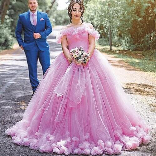 SuperKimJo Pink Wedding Dresses Boho Handmade Flowers Elegant Arabic Cheap Wedding Gowns Robe De Mariage