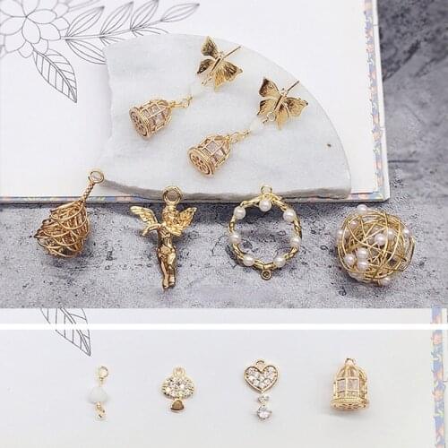High-quality copper-plated real gold jewelry DIY earrings material Mori butterfly earrings mushroom bird cage shape pendant