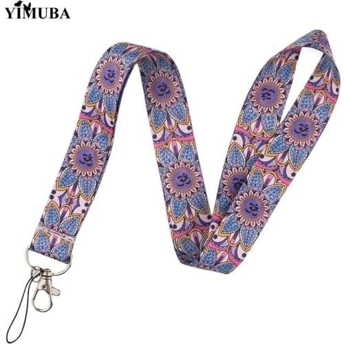YIMUBA Charm Purple Mandala Henna Flower Lanyard Key Chain Mobile Phone Neck Strap Hang Rope Name Card Badge Holder Indian Style