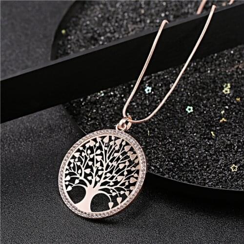 Trendy Tree of Life Crystal Pendant Necklaces for Women Elegant Rose Gold Silver Color female Long Sweater Chain Jewelry Gifts