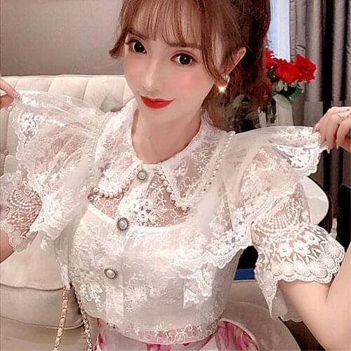 Royal Sweety Blouses Woman New Summer Lace Embroidery Blouse Shirts women vintage Pearls Beadings Ruffles blouses tops NS756