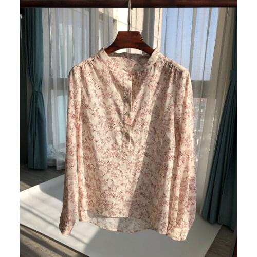 Women Shirt Early Autumn Retro Ethnic Print Shirt Half-open Placket Comfortable Washed Cotton Long-sleeved Shirt