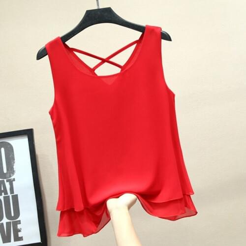 Womens Chiffon T-shirt Summer 2020 New Fashion Casual Solid color Sleeveless Loose Tops Tees Female White Red Black Blue Yellow