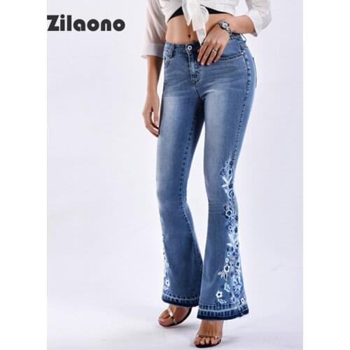 Women Jeans 2021 Autumn Classic Washed High Waist Flower Embroider High Elasticity Denim Bootcut Trousers