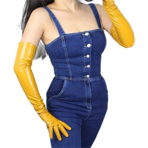 Women Patent Leather Gloves 60cm Long Section Elbow Simulation Leather PU Leather Gloves Bright Leather Ginger Yellow QPJH-5