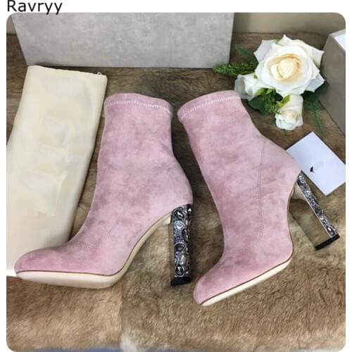 Pink Suede Woman Ankle Boots Bling Bling colorful crystal decor Female Short Boot thick Heel concise style Autumn Winter shoes