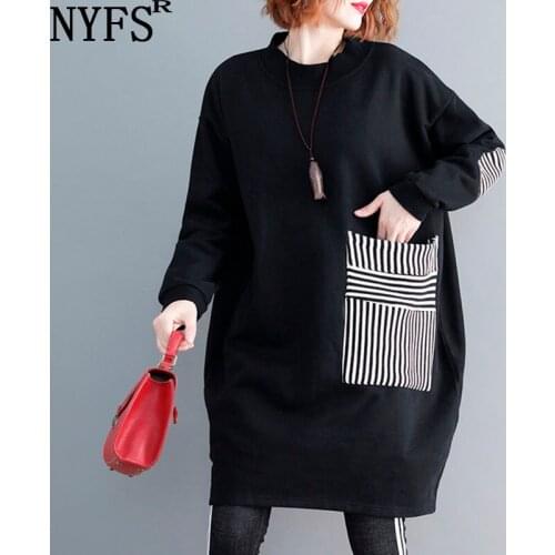 NYFS 2021 New Korean Autumn Winter Loose Embroidered Patchwork Lace Fake two Woman Dress Vestidos Robe femme Elbise Fat MM Dress