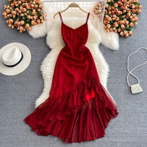 Summer New Fashion Seaside Holiday Sling Vestidos Female V-neck Waist Slimming Ruffled Fishtail Chiffon Midi Dress KK303