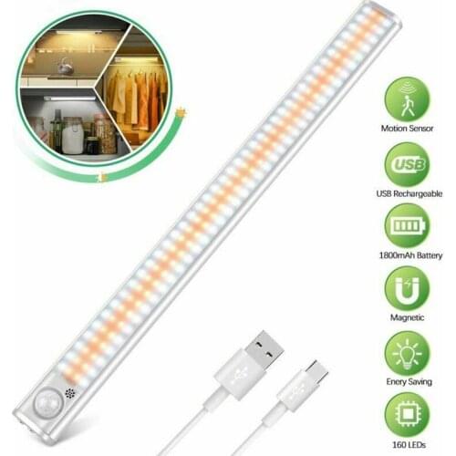 160 LED Under Closet Lamp PIR Motion Sensor Cabinet Night Light For Bedroom Bathroom Cabinets Closets USB Rechargeable