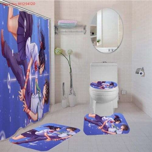 4 Piece Anime Bath Curtain Set Your Name Print 180x180cm Bath Curtain Toilet Lid Cover Anti Slip Bathroom Carpet Dropship
