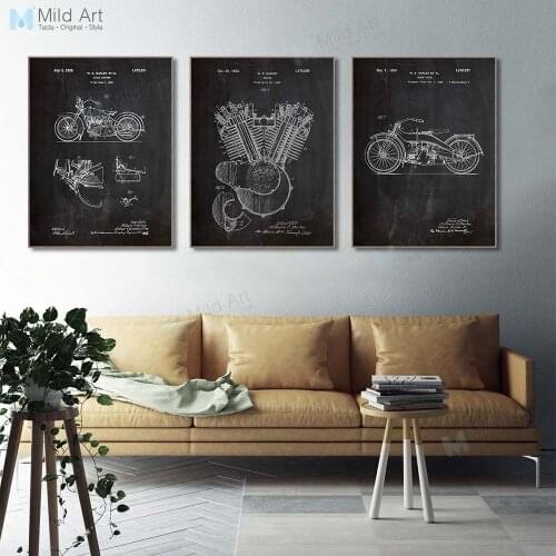 Black and White Vintage Patent Sketch Posters Prints Motorcycle Engine Boy Gifts A4 Wall Art Pictures Home Decor Canvas Painting