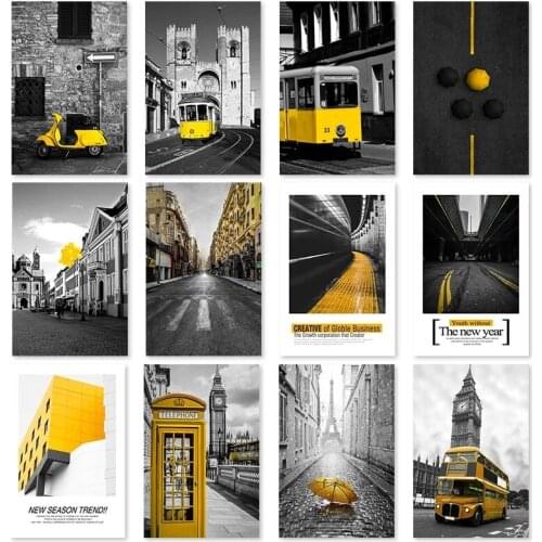 Black And White Landscape Wall Art Yellow Bus Car Canvas Poster Prints Nordic Style Paintings Yellow Building Picture For Room