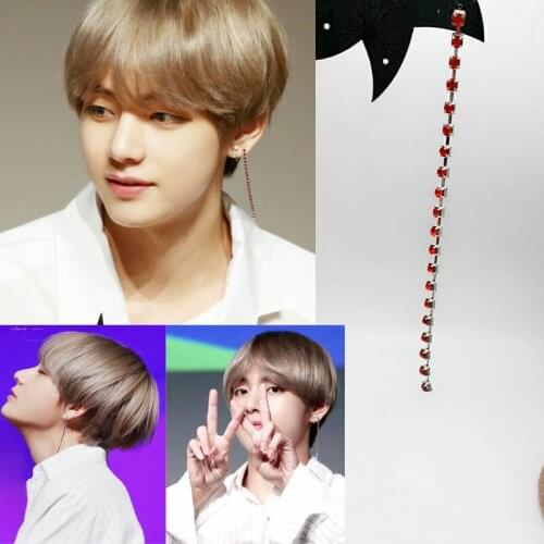 1 pc KPOP Long Tassel Earrings Korean bangtanboys V Hip Hop Jewelry Red Zircon Accessories For Men Women Brincos Tae Hyung