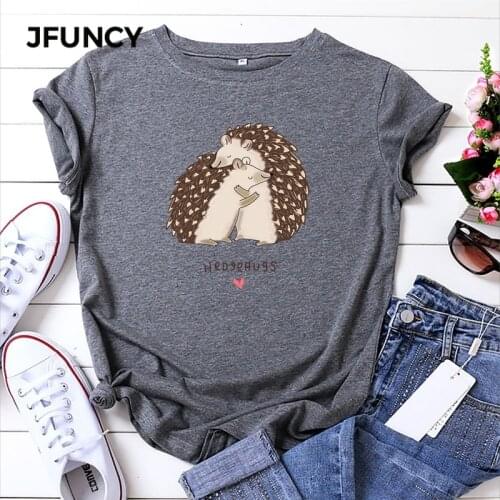 JFUNCY 2021 Summer T-shirt Plus Size Women T Shirt 100% Cotton Woman Tee Tops Cute Hedgehog Hug Print Female Short Sleeve Tshirt