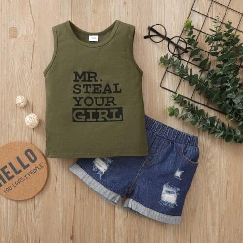 Children Summer Toddler Boy Clothing Set Letter Print Vest Tops Ripped Demin Shorts Sets Baby Outfit