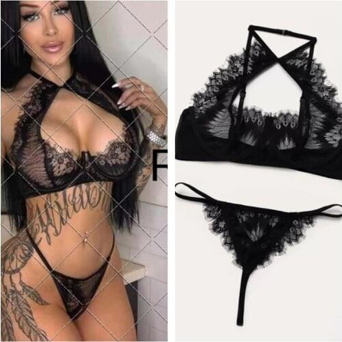 Underwear Women Set Erotic Panties Elastic Fabric Hot Girl Sexy Thong Bare Breast Backless Eyelash Lace Brassiere Femme Sexi