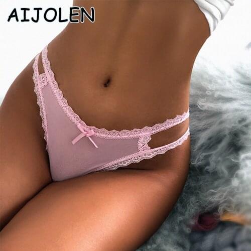 AIJOLEN Low-waist Lace Bowknot Panties Hollow Sexy Ladies Thong and G-String Solid Color Mesh Breathable Underwear