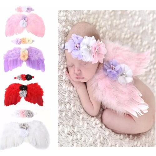 2pcs/Set Angel Wings Baby Girl Flower Pearl Headband And Feather Wings Suit Newborn Photography Props Infant Hair Accessories