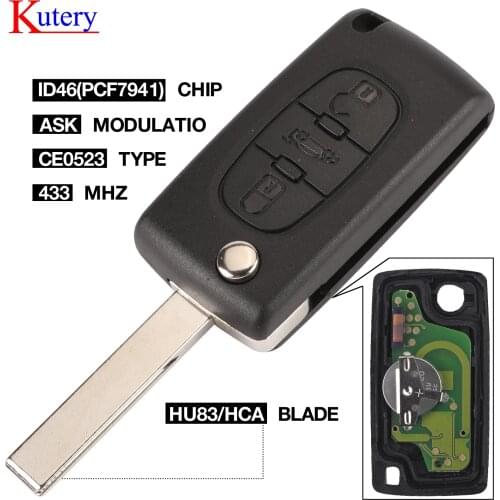 Kutery CE0523 Folding Remote Car Key 3 Button for Citroen ASK 433 MHZ ID46 - PCF7941 HU83 / HCA Remote Key