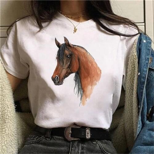Summer Aesthetics Graphics Short Sleeve Polyester T Shirts Watercolor Horse Tshirts White Tops Female Camisetas Verano Mujer