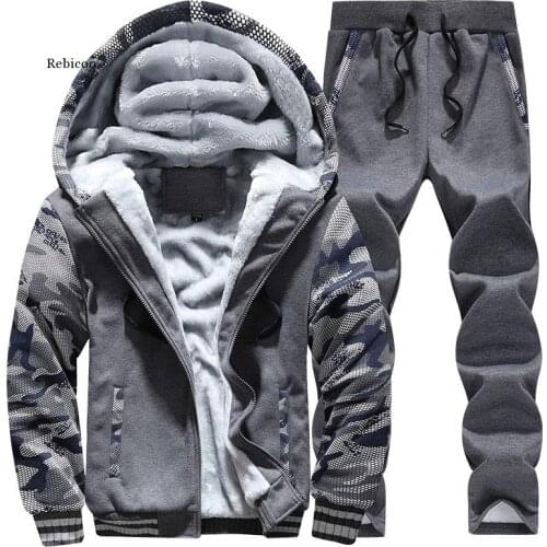 Mens Hoodies Tracksuit Winter Fleece Camouflage Suit Warm Velvet Sweatshirt Brand Clothing Men Set Jacket+Pants 2Pcs Blue