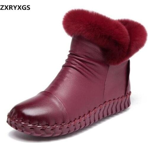 2019 New Hand-stitched Winter Boots Cowhide Leather Boots Women Shoes Rex Rabbit Fur Soft Comfort Women Boots Flat Fashion Boots