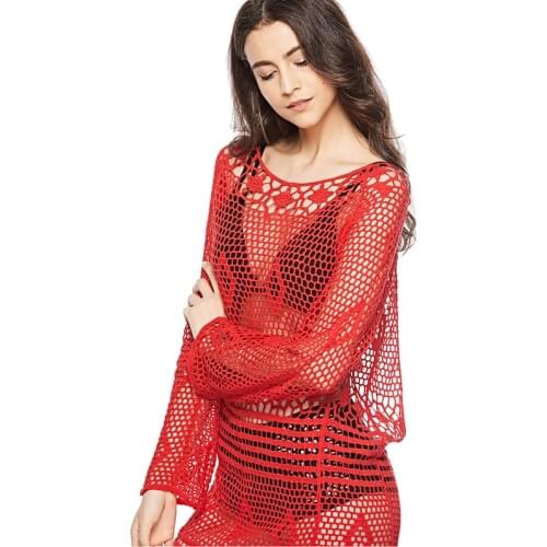 Pareo Womens Beach Dress Red Swimsuit Cover Up Bikini Crochet Knitted Coverups Woman Beachwear Summer See-through Tunic Skirt