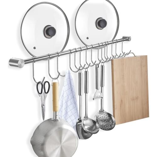Hanging Rail with 18 Sliding Hooks Longer Poles could Hang More ItemsKitchen, bathroom, bedroom, wall mount, stron