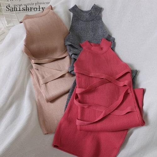 Sanishroly Sexy Halter Long Knitted Dress Autumn Women Spaghetti Strap Dresses Ladies Sleeveless Bodycon Tank Dress Vestidos 041