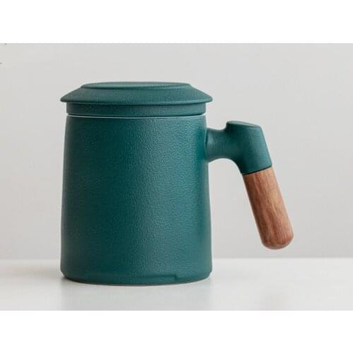 Modern Brief Wooden Handle Ceramic Mug Filter Tea Cup