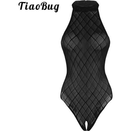 TiaoBug Women Lingerie Porno Plaid See Through Mesh High Cut Open Crotch Bodysuit Bodystocking Sexy Hot Erotic Fetish Nightwear