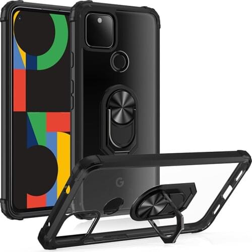 Military Acrylic Rugged Armor Shockproof Case For Google Pixel 4A 5G 5 5A Magnetic Metal Ring Stand Transparent Back Cover Coque