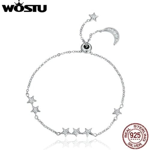 WOSTU Brand New Real 925 Sterling Silver Moon & Stars Adjustable Chain Bracelet For Women Fine Jewelry New Year Gift CQB007