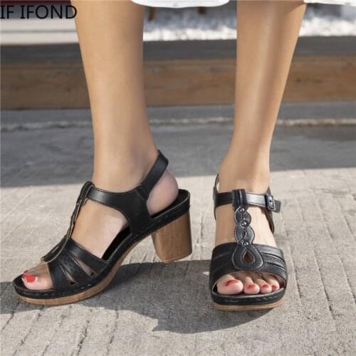 IF IFOND 2021 Female Summer High Heel Sandals Women Soft Comfortable Buckle Casual Sewing Square Heel Open Toe Shoes