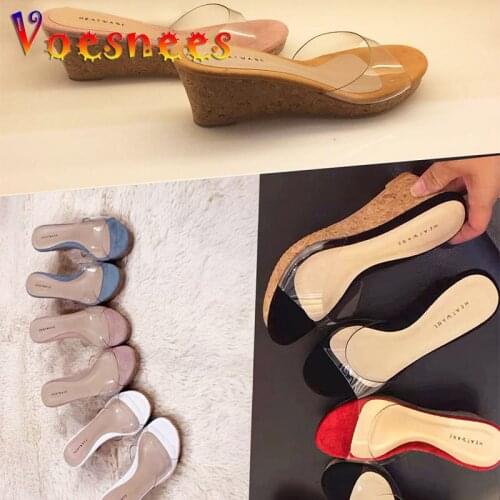 2021 HOT Summer Slippers Women Sexy Transparent PVC Platform Wedge Thick Sole High Heels 6.5CM Mules Slides On Sweet Beach Shoes