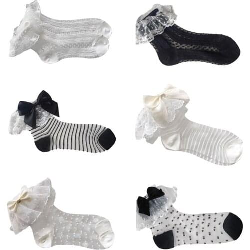 Women Girls Sweet Ruffle Lace Ankle Socks Sheer Mesh Glass Fiber Bow Vintage Lolita Princess Thin Cool Anklet Hosiery