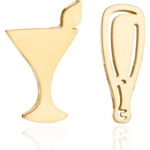Stainless Steel Gold Color Cocktail Cup&Wine Bottle Shaped Stud Earrings for Women Street Fashion Night Club Accessories