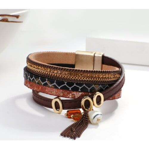 Amorcome Magnetic Clasp Leather Wrap Bracelet Bohemian Jewelry Gift for Women Pearl Chain Tassel Snake Skin Leather Bracelets